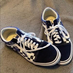 Blue black and white lace up vans